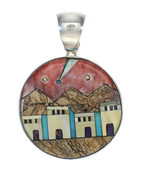 Native American Village Design Silver Multicolor Pendant MX64196