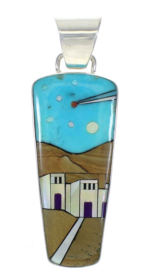 Genuine Sterling Silver Native American Village Design Multicolor Pendant MX64245