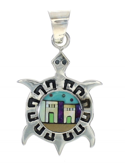 Native American Village Design Silver Multicolor Inlay Turtle Pendant MX64296