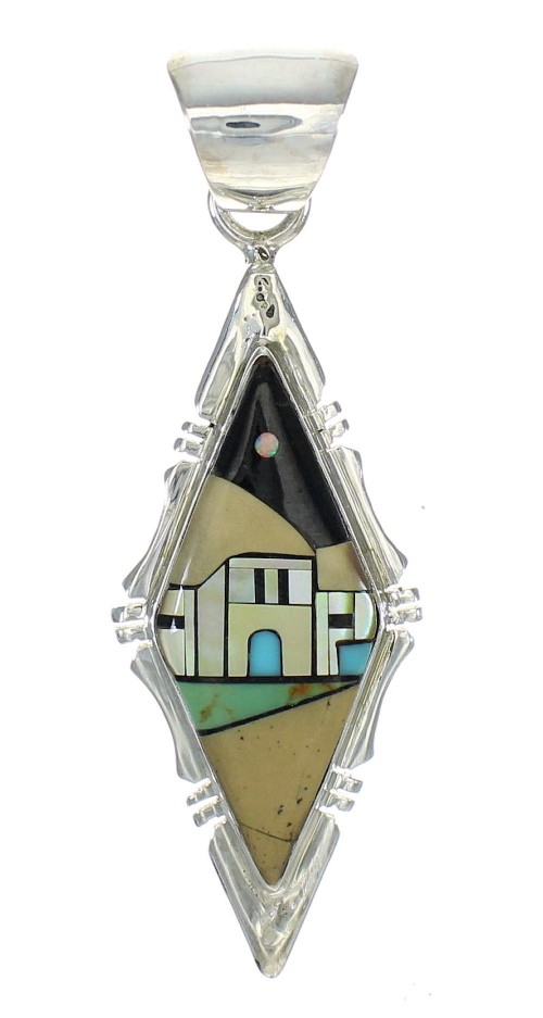 Southwest Silver Native American Village Or Pueblo Design Multicolor Pendant MX64315