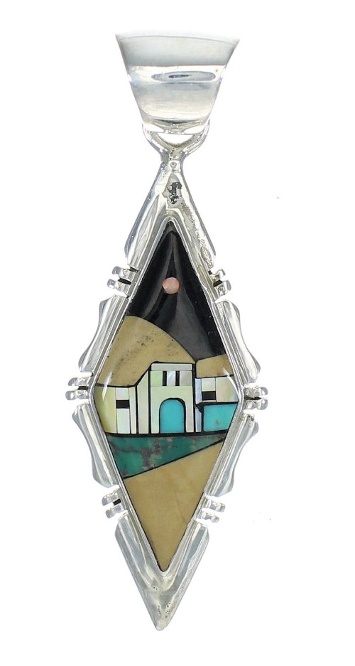 Sterling Silver Multicolor Native American Village Design Pendant MX64320