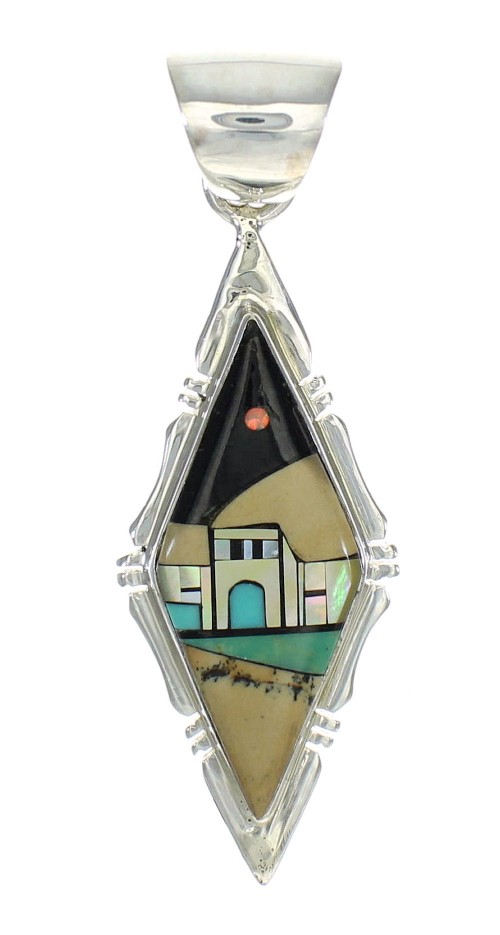 Native American Village Design Sterling Silver Multicolor Inlay Southwest Pendant MX64322