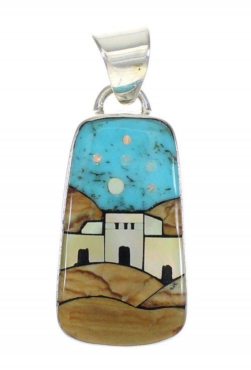 Multicolor Native American Pueblo Design Silver Southwest Pendant MX64325