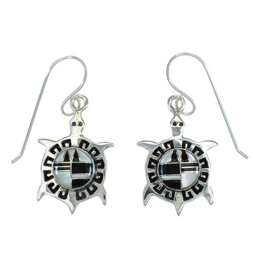 Jet And Mother Of Pearl Turtle Southwest Sterling Silver Hook Earrings WX63390