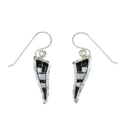 Jet And Mother Of Pearl Southwest Sterling Silver Hook Dangle Earrings WX63392