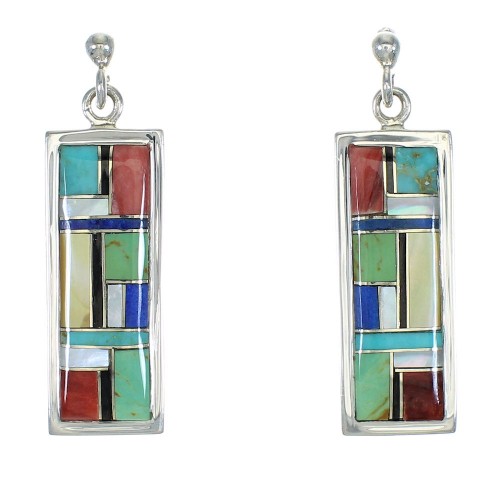 Southwestern Multicolor Inlay Genuine Sterling Silver Post Dangle Earrings WX78752