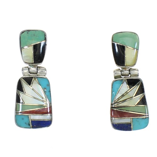 Southwest Genuine Sterling Silver Multicolor Inlay Post Dangle Earrings WX78754