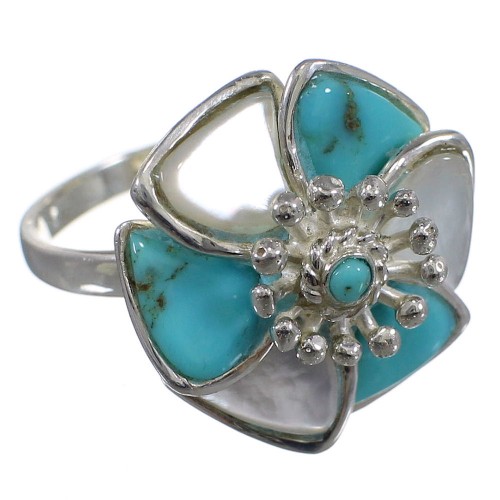 Southwest Silver Turquoise Mother Of Pearl Flower Ring Size 7-1/4 QX75732