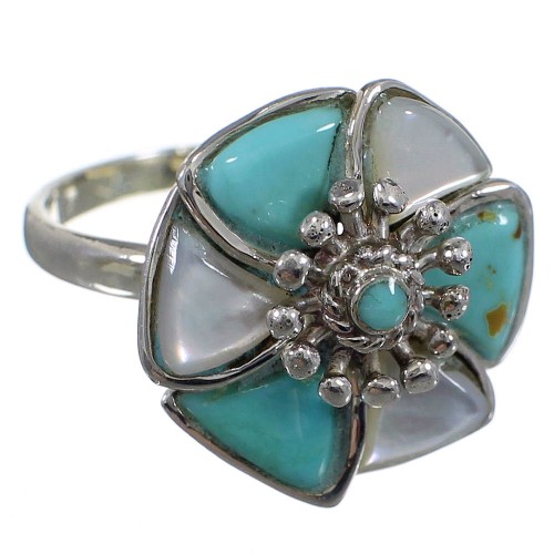 Southwestern Silver Turquoise Mother Of Pearl Flower Ring Size 7-1/4 QX75736