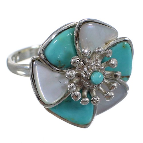 Silver Southwest Turquoise Mother Of Pearl Flower Ring Size 8-1/4 QX75747