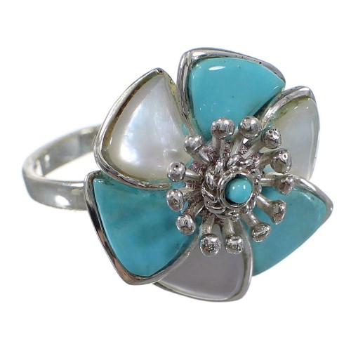 Silver Southwest Turquoise Mother Of Pearl Flower Ring Size 6-1/4 QX75758