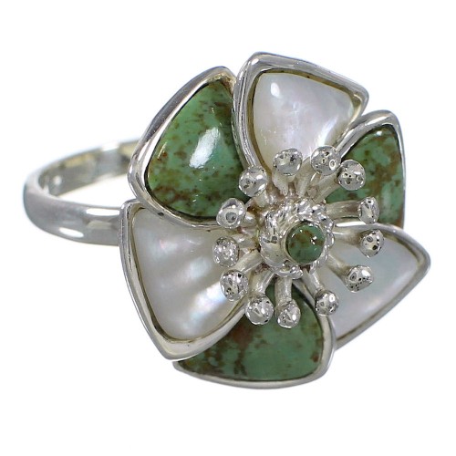 Turquoise Mother Of Pearl Genuine Sterling Silver Southwest Flower Ring Size 7-1/4 QX75780