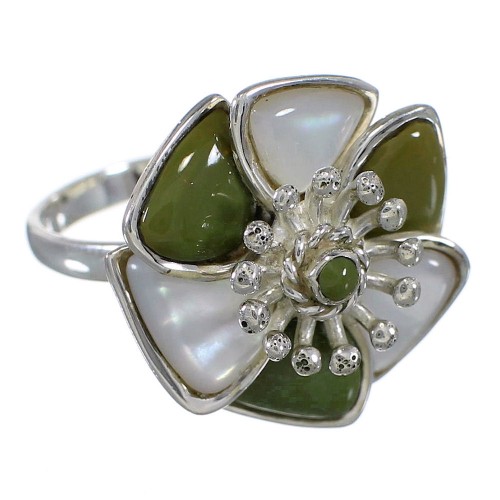 Turquoise Mother Of Pearl Flower Southwestern Sterling Silver Ring Size 8-1/2 QX75800