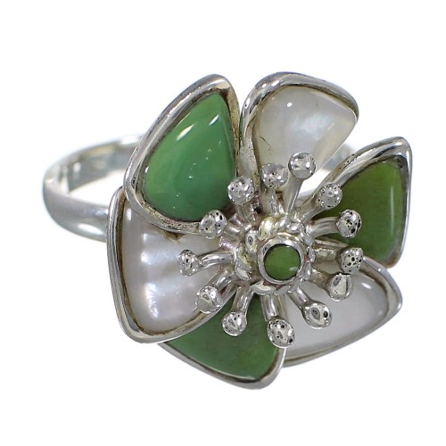 Turquoise Mother Of Pearl Flower Southwestern Authentic Sterling Silver Ring Size 5-3/4 QX75803