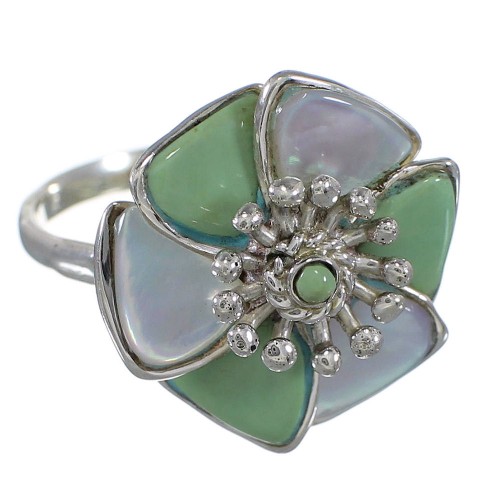 Turquoise Mother Of Pearl Flower Sterling Silver Southwestern Ring Size 8-1/4 QX75817