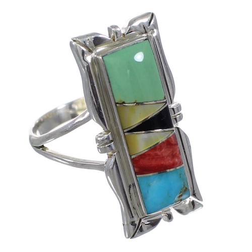 Multicolor Inlay Authentic Sterling Silver Southwest Ring Size 7-3/4 QX75871