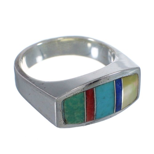 Southwest Multicolor Inlay Genuine Sterling Silver Ring Size 7-1/2 QX75929