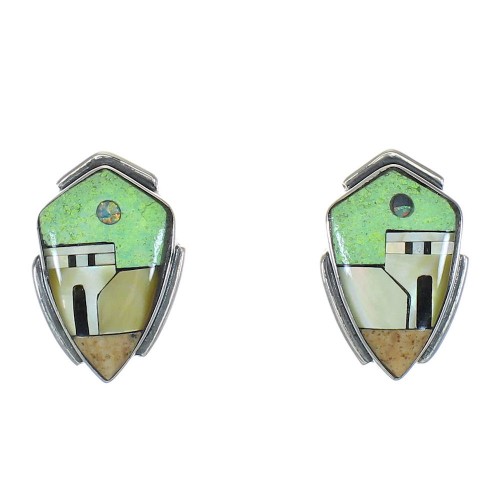 Native American Village Design Sterling Silver Multicolor Post Earrings WX78905