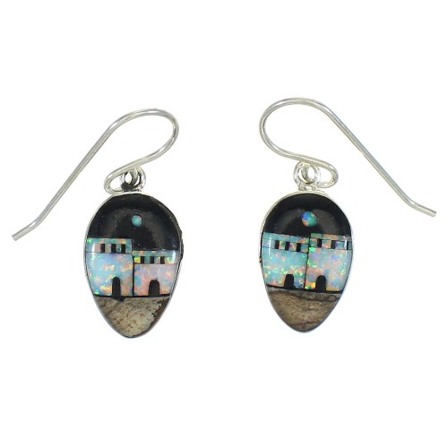 Multicolor Native American Village Design Sterling Silver Hook Dangle Earrings WX78934