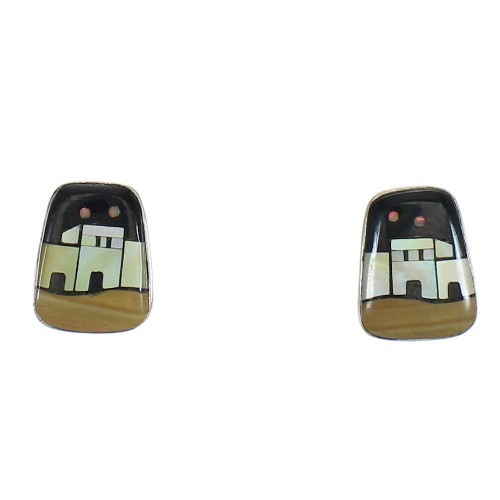 Multicolor Inlay Sterling Silver Native American Village Design Post Earrings WX79005