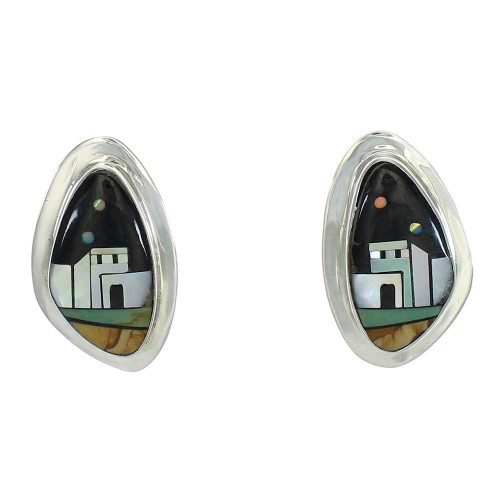 Native American Village Design Multicolor Inlay Sterling Silver Post Earrings WX79010