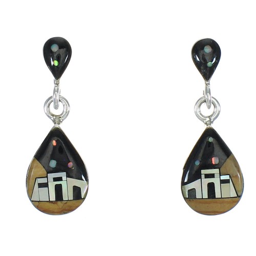 Native American Village Design Multicolor Silver Tear Drop Post Dangle Earrings WX79020