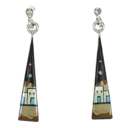 Native American Village Design Multicolor Silver Post Dangle Earrings WX79035