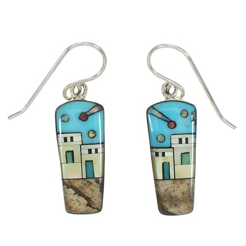 Native American Village Design Multicolor Inlay Silver Southwest Hook Dangle Earrings WX79044