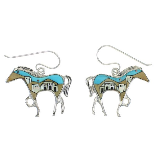 Native American Village Design Multicolor Silver Horse Hook Dangle Earrings WX79071