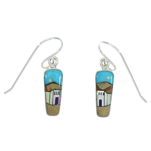 Native American Village Design Silver Multicolor Hook Dangle Earrings WX79077