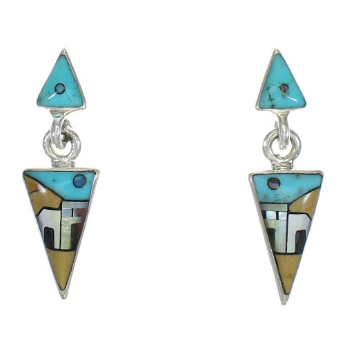 Multicolor Native American Village Design Silver Post Dangle Earrings WX79088