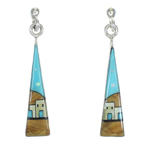 Silver Multicolor Native American Village Design Post Dangle Earrings WX79093