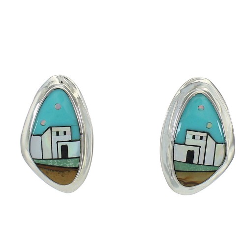 Native American Village Design Multicolor Silver Post Earrings WX79098