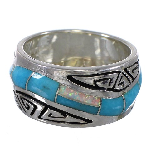 Silver Southwest Turquoise Opal Water Wave Ring Size 7-1/4 QX82199