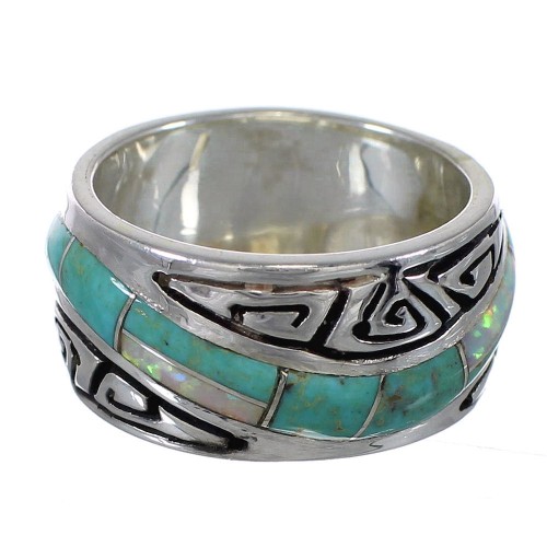 Southwestern Sterling Silver Turquoise Opal Water Wave Ring Size 6-3/4 QX82282