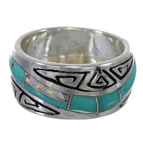 Southwest Authentic Sterling Silver Turquoise Opal Water Wave Ring Size 5-1/4 QX82285