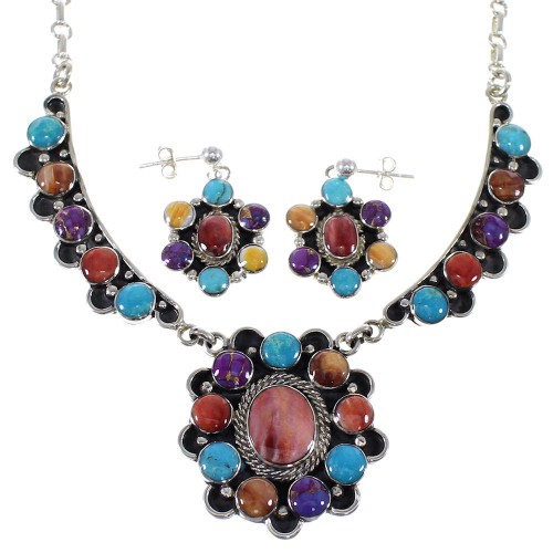 Southwestern Sterling Silver Multicolor Link Necklace And Earrings Set WX71782