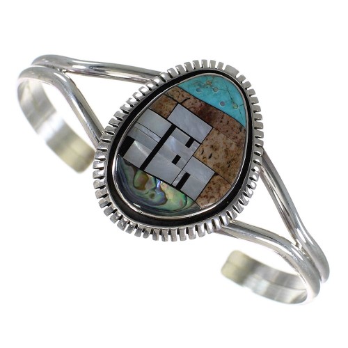 Genuine Sterling Silver And Multicolor Inlay Native American Village Design Cuff Bracelet VX63925