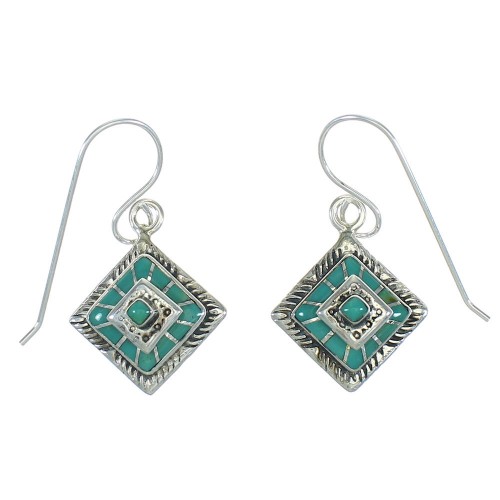 Turquoise Inlay Silver Southwest Hook Dangle Earrings AX78614