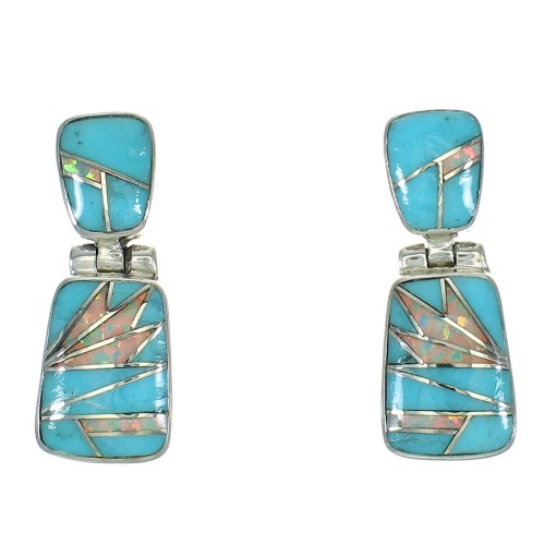 Genuine Sterling Silver Turquoise And Opal Inlay Southwest Post Dangle Earrings MX65032