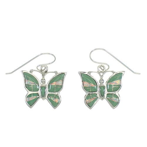 Authentic Sterling Silver Butterfly Turquoise And Opal Inlay Hook Dangle Earrings MX65057