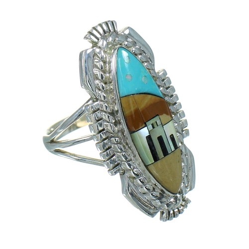 Silver Multicolor Inlay Native American Pueblo Design Ring Size 4-1/4 AX79269