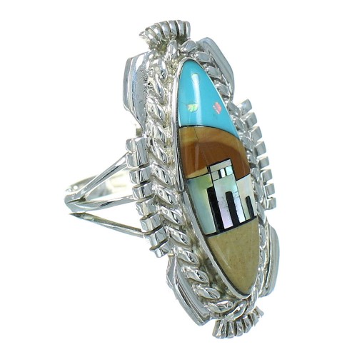 Silver Multicolor Inlay Native American Pueblo Design Ring Size 7-1/2 AX79842