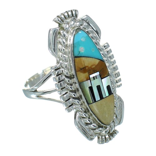 Multicolor Southwest Silver Native American Pueblo Design Ring Size 7-1/2 AX79299