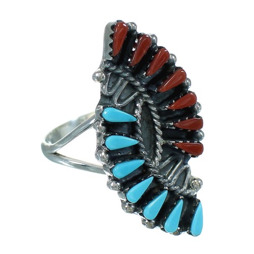 Turquoise And Coral Southwestern Sterling Silver Needlepoint Ring Size 7-3/4 AX81844
