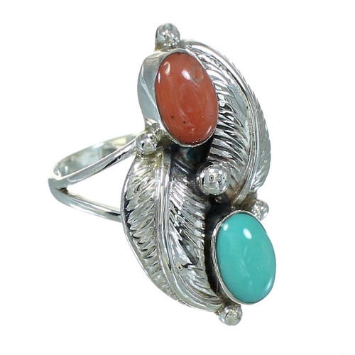 Silver Southwest Turquoise Coral Leaf Ring Size 5-1/2 AX81917