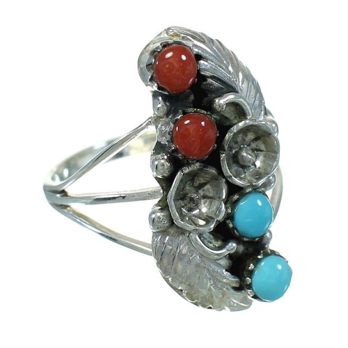 Coral And Turquoise Silver Southwestern Flower Ring Size 8 AX81975