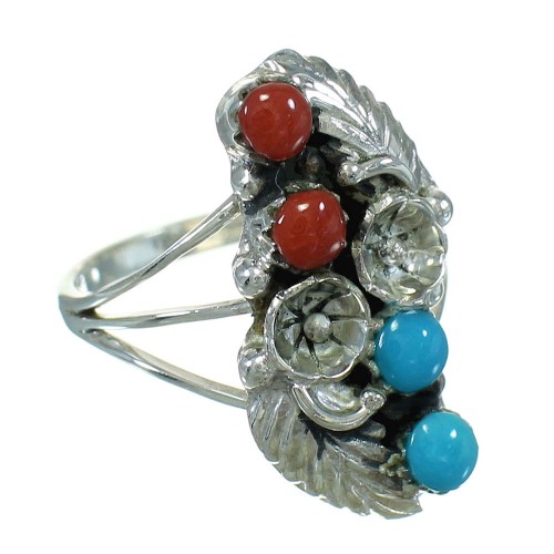 Turquoise And Coral Sterling Silver Flower Ring Size 7-1/4 AX82014