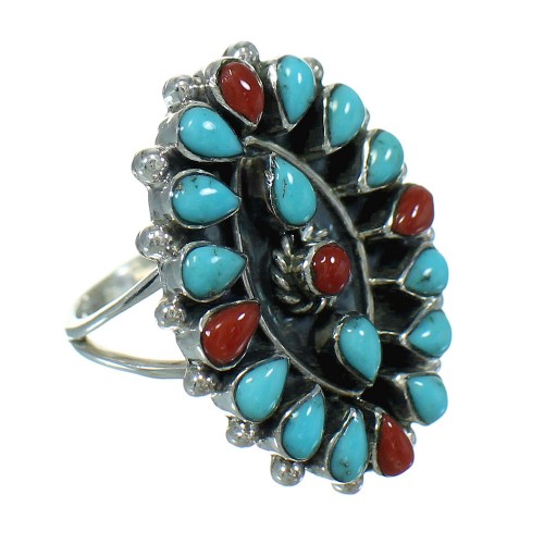 Southwest Turquoise And Coral Silver Jewelry Ring Size 7-1/4 AX82054