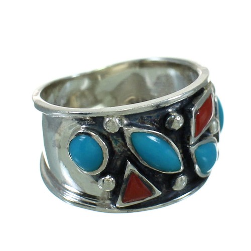 Turquoise Coral Jewelry Southwestern Genuine Sterling Silver Ring Size 6-1/2 AX82129